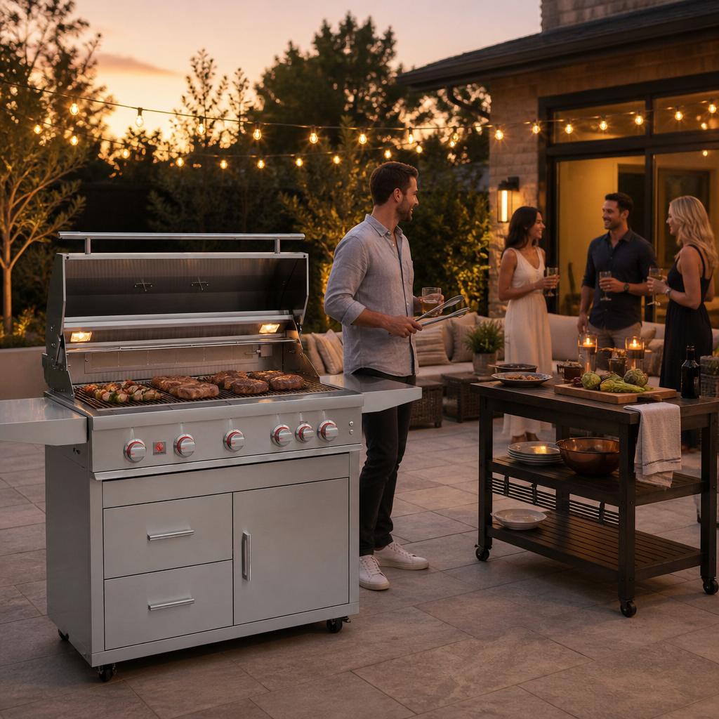 Summerset Sizzler Pro 40-inch freestanding gas grill cooking at a sunset patio gathering