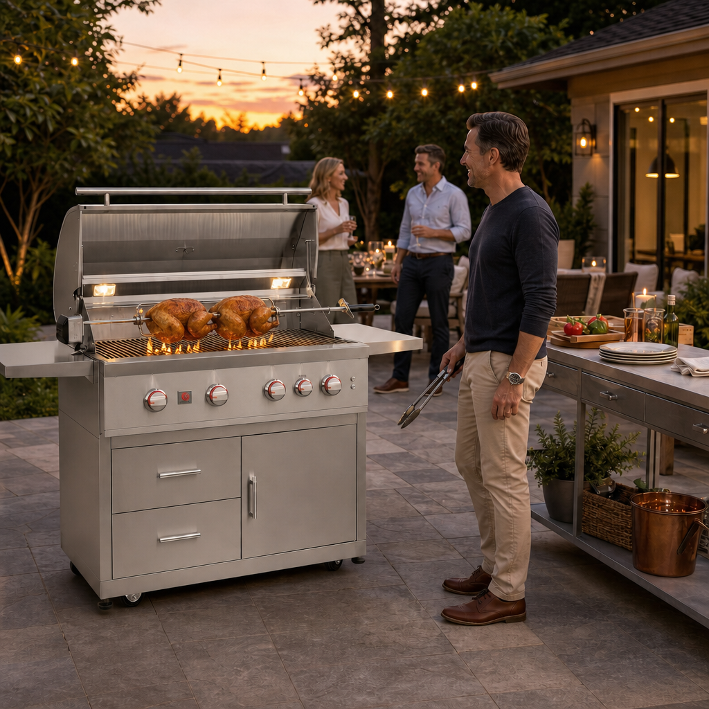 Summerset TRL Pro 40-inch freestanding gas grill with rotisserie in a backyard entertaining setting