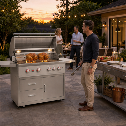 Summerset TRL Pro 40-inch freestanding gas grill with rotisserie in a backyard entertaining setting