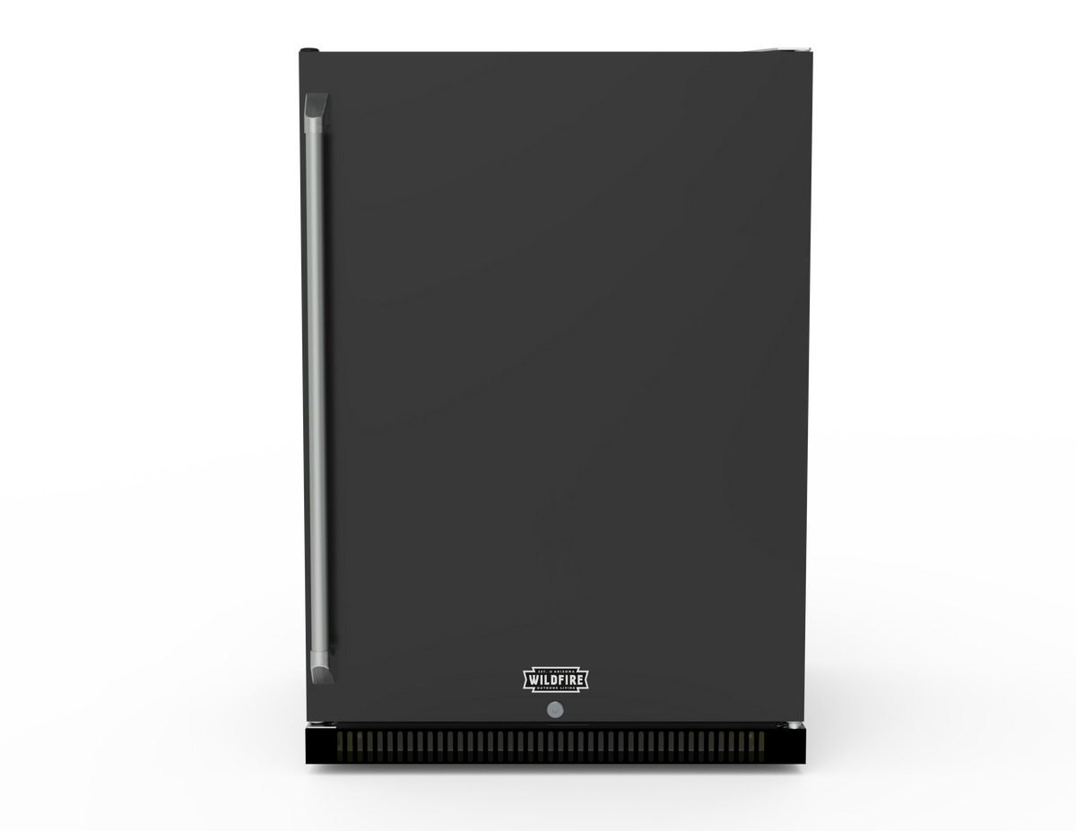 Wildfire 24-inch outdoor refrigerator shown with the black stainless steel sleeve installed