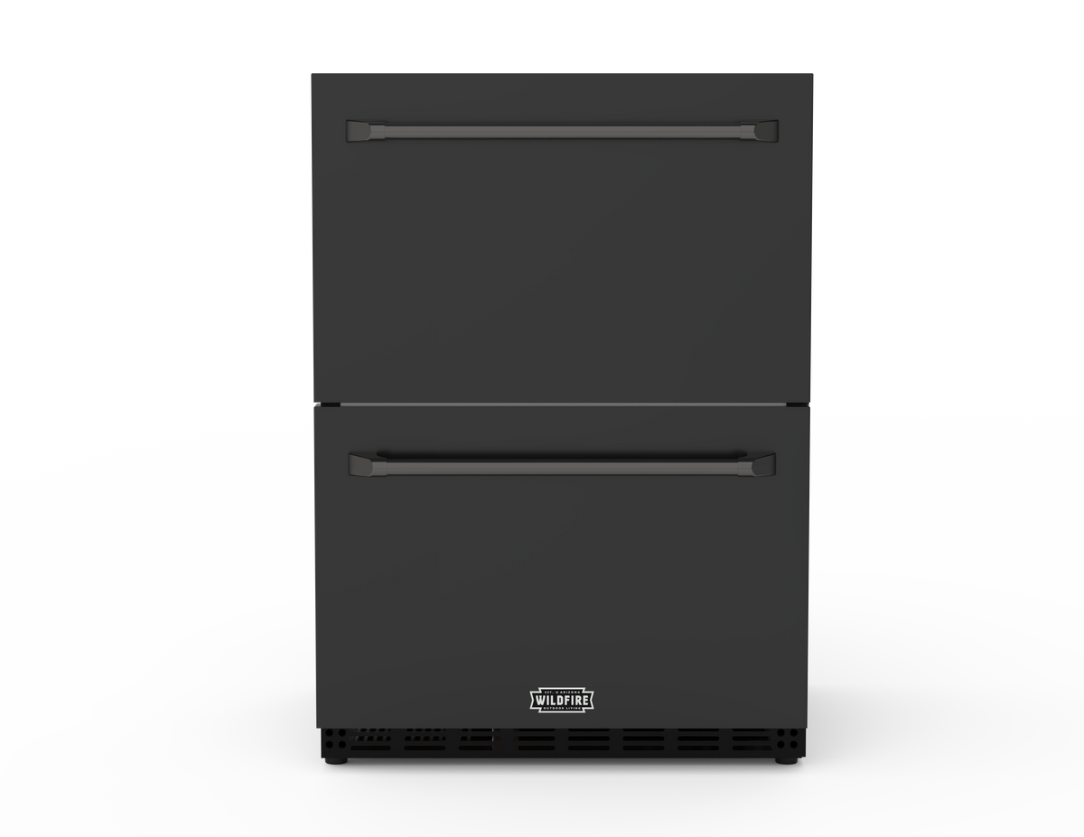 Wildfire 24-inch dual drawer refrigerator shown with the black stainless steel sleeve installed